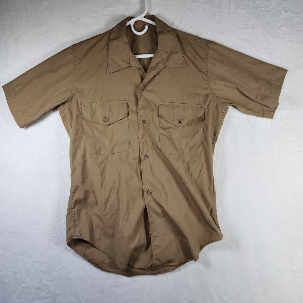 Vtg 70s Khaki Utility Shirt Sz M‎ 14 Button Front Workwear Military Style 21x30